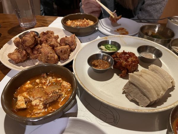 Cho dang gol bossam and korean fried chicken and beef soondubu