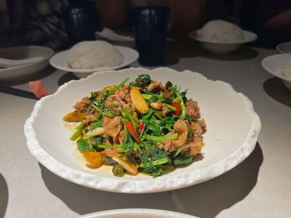 Stir-fried fatty beef with cilantro at uluh, NYC