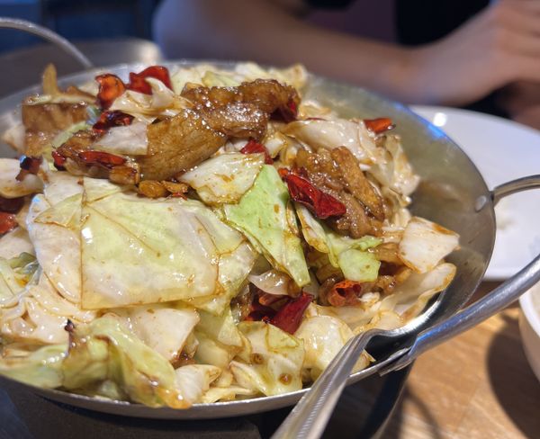 Shredded cabbages and sliced pork at Ping's Bistro